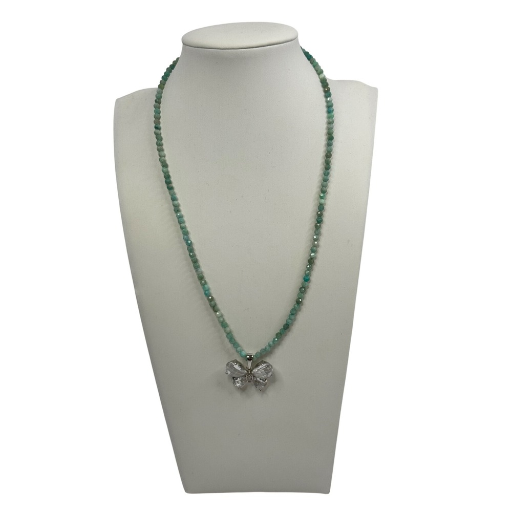 Green Beaded Necklace Clear Crystal Butterfly Pendant Silver Tone Y2K‎ Retro